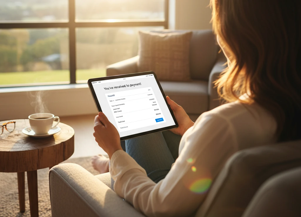 Studio owner relaxing at home with a tablet showing a payment received