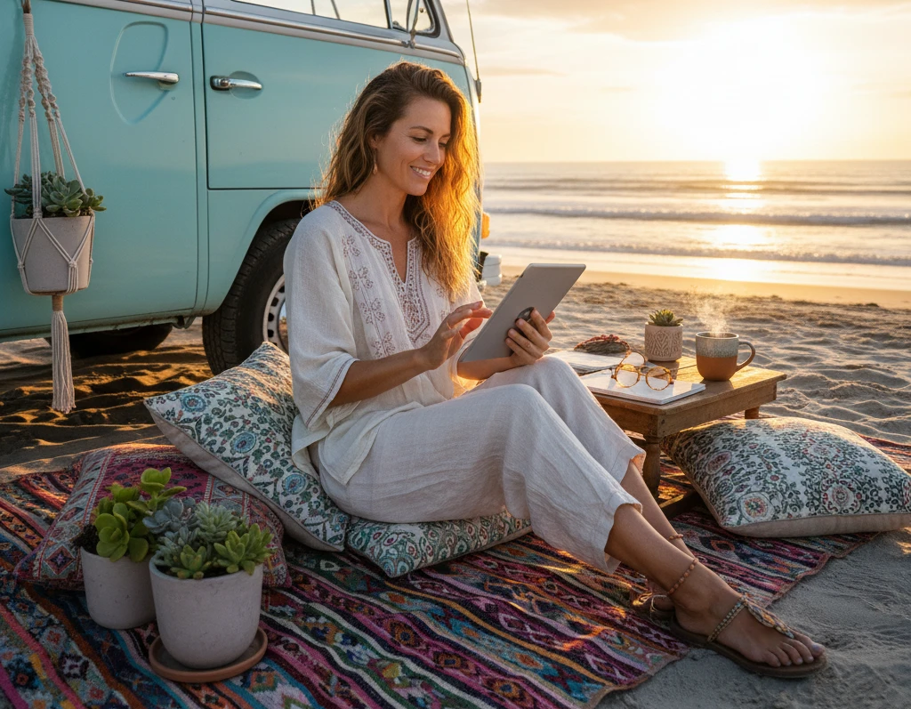 Studio owner checking in on her classes from the beach